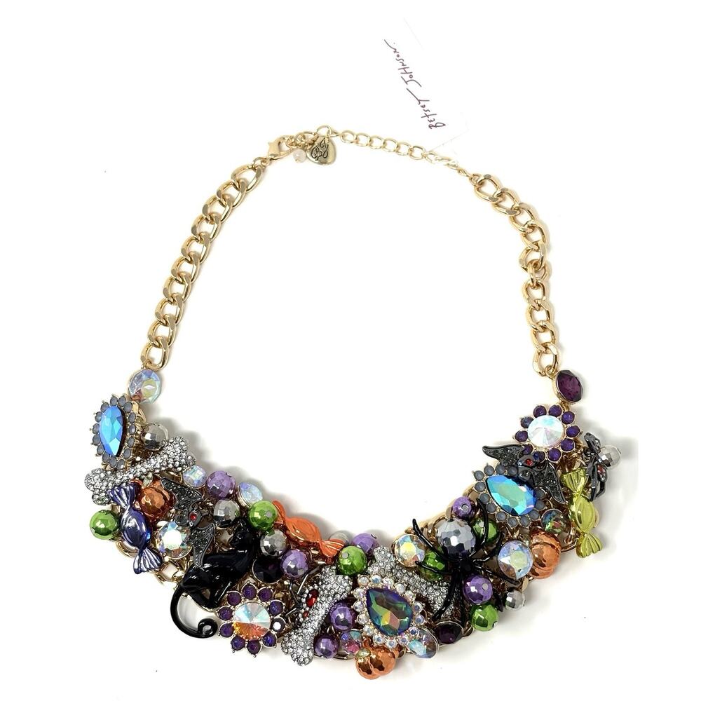 Betsey Johnson Halloween Statement Necklace Black Cat Spider Bat Candy Bones Bib